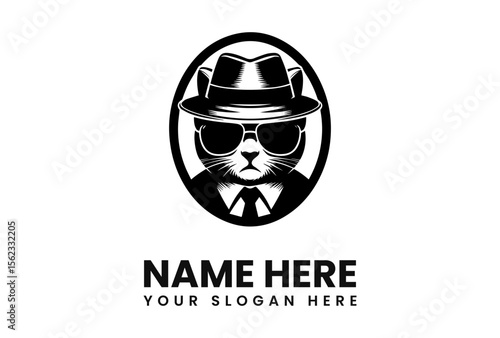 A black and white illustration of a cat wearing a fedora, sunglasses, and a suit within an oval frame.