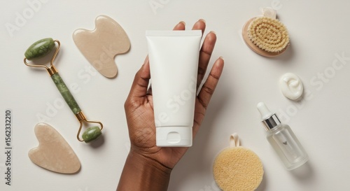Skincare Tube Mockup on Brown Skin Hand with Clean Beauty Accessories