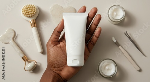 Skincare Tube Mockup on Brown Skin Hand with Clean Beauty Accessories