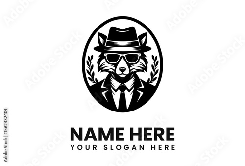 Stylish fox in fedora and suit, logo design, monochrome, elegant, mascot.