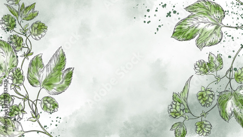 Watercolor banner background featuring hop branches with cones and leaves, ideal for beer branding, brewing presentations, brewery ads, or botanical and floral themed designs. Floral, leaves.