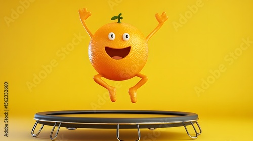 3D render of an orange character joyfully jumping on a black trampoline.