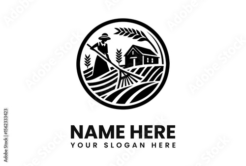 A farmer works the land with a rake near a house, framed by wheat stalks in a circular design.