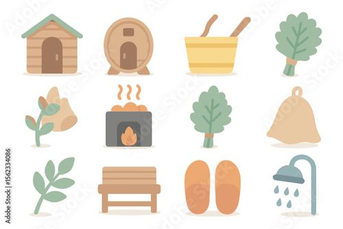 Sauna elements vector illustration: flat style icons for wellness and relaxation design