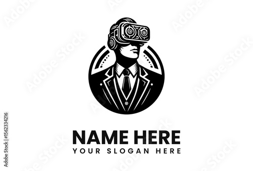 Free Download Man in suit wearing VR headset, enclosed in a circular frame. - GFXLoad