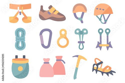 Climbing gear collection vector illustration for sport and outdoor equipment design in flat style