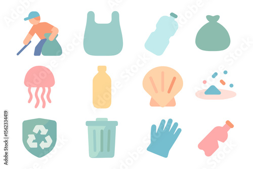 Environmental awareness vector illustration: recycling and ocean conservation icons in flat style for posters and educational materials