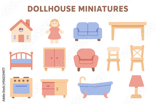 Dollhouse miniatures vector illustration: flat style design for posters and cards