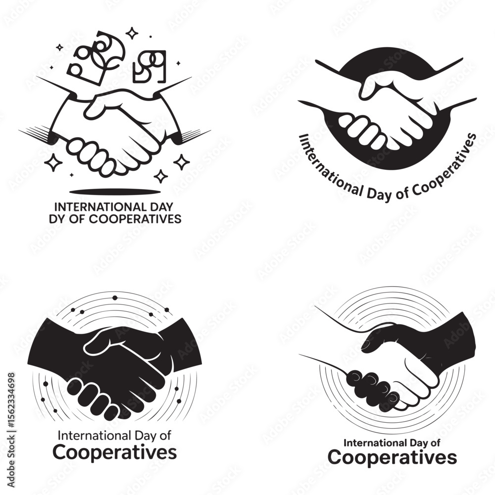 Fototapeta premium Four Black and White Handshake Designs International Day of Cooperatives monochrome