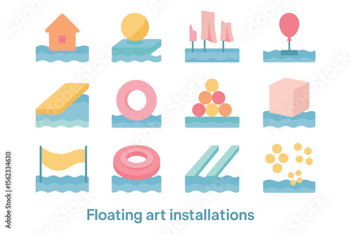 Floating art installations vector illustration: modern design for cards and posters in flat style