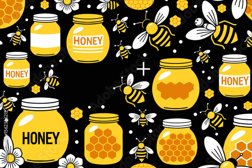 Honey Jars and Bees Seamless Pattern-Sweet Honeycomb-Floral Background for Packaging-Textile-Wrapping-Wallpaper-Cute Bee Illustration-Natural Food Concept