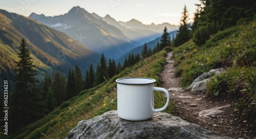 Blank Enamel Mug Mockup on Rock by Hiking Trail with Mountain Background