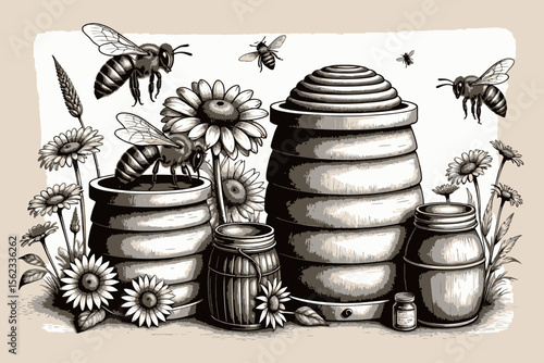 Bee Illustration with Honeycomb and Flowers - Black and White Honeybee Artwork - Vintage Honey Production Scene with Bees and Daisies - Intricate Honeycomb Art