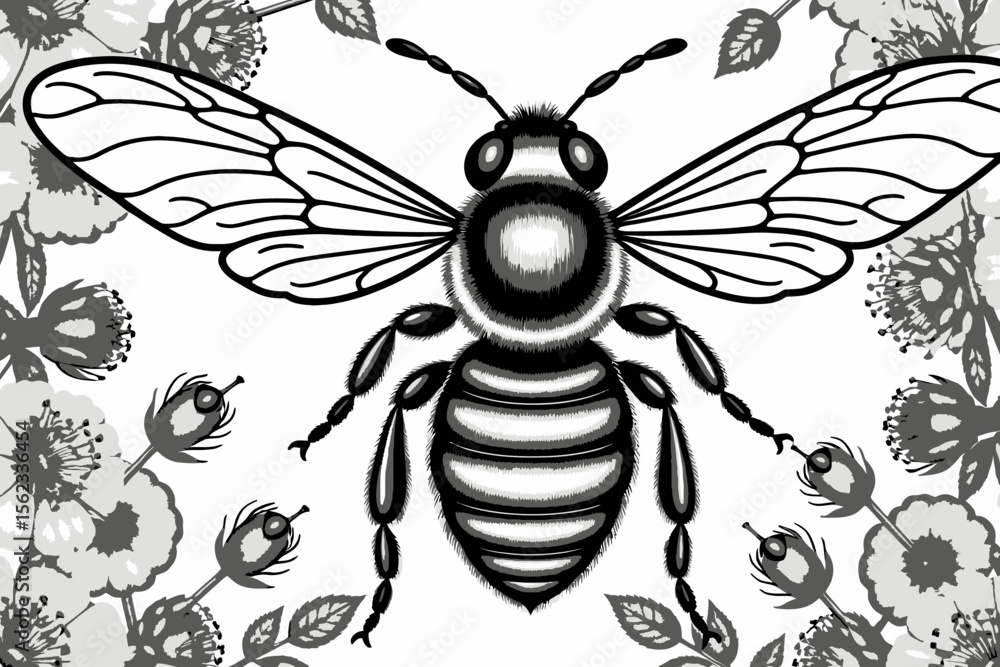 Obraz premium Detailed Bee Illustration in Black and White-Honeybee Art with Floral Elements-Striking Insect Drawing for Nature Lovers-Monochrome Bee Artwork for Print_