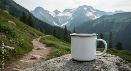 Blank Enamel Mug Mockup on Rock by Hiking Trail with Mountain Background