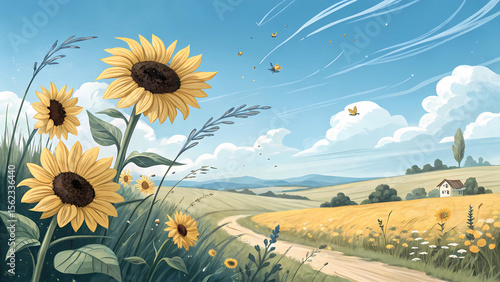 Beautiful sunflower field landscape painting with blue sky and clouds vector illustration art
