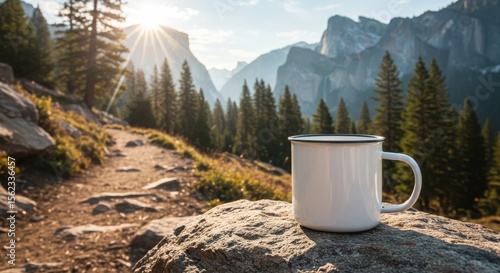 Blank Enamel Mug Mockup on Rock by Hiking Trail with Mountain Background