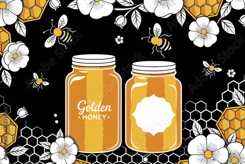 Golden Honey Jars- Bees and Flowers- Sweet Natural Honey- Homemade Honey Product- Organic Honey- Honeycomb Design- Bee Illustration- Honey Packaging- Honey Label Design