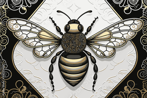 Golden Bee Illustration-Detailed Insect Art on Ornate Black and White Background-Elegant Bee Design with Intricate Wing Patterns-Perfect for Nature Lovers