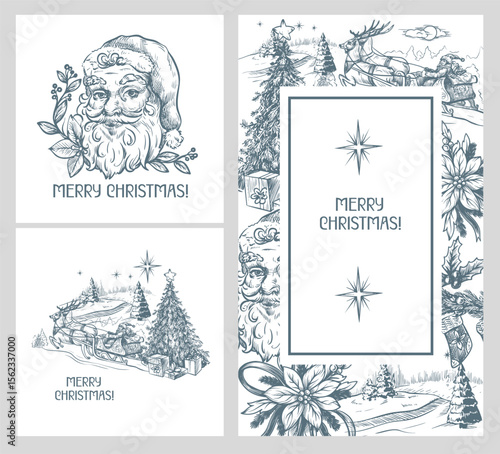 Cards with Santa and other Christmas elements in toile style isolated. Vector.