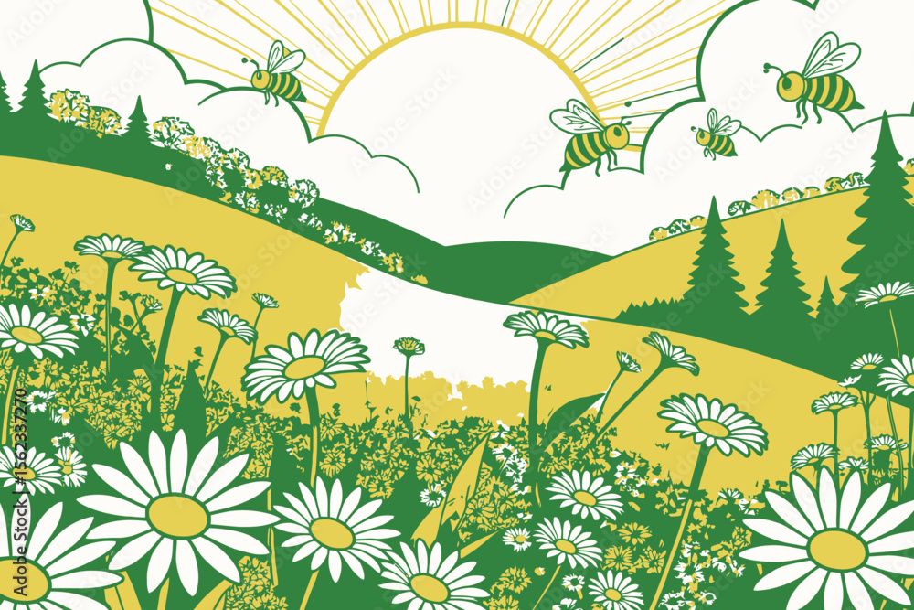 Obraz premium Cartoon Spring Landscape with Daisies and Bees-Sunshine over Meadow-Floral Illustration-Bright and Cheerful-Nature Art-Whimsical Design-Outdoor Scene