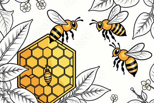 Bees Around Honeycomb-Illustration of Bees with Honeycomb-Bees Illustration for Coloring Book-Honeybees and Honeycomb-Honeycomb Surrounded by Bees-Bees on Honeycomb Illustration