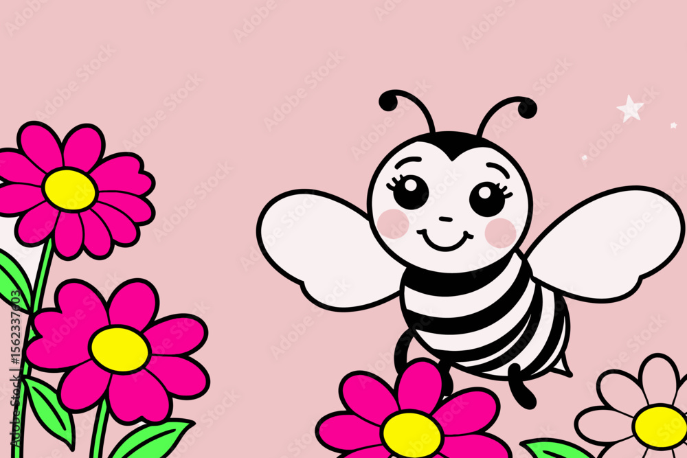 Obraz premium Cute Cartoon Bee Illustration - Fun Character with Flowers and a Pink Background - Whimsical Design for Kids or Creative Projects