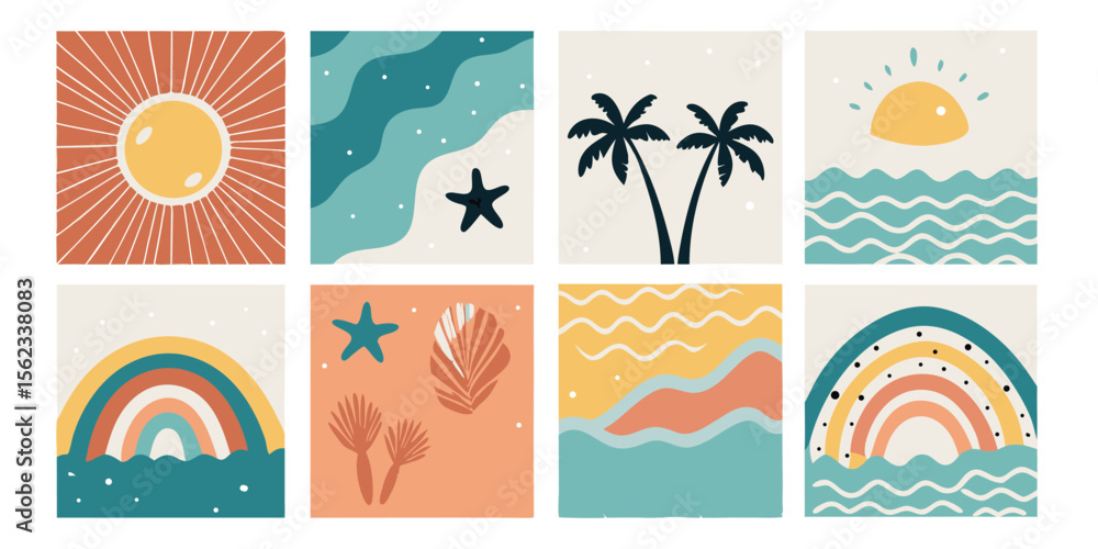 Naklejka premium Minimalist Retro Summer Illustrations Bundle Sun Waves Palm Trees Rainbows Starfish