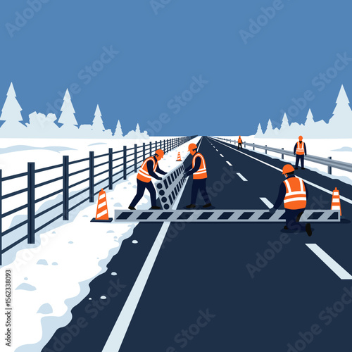 Snow fence installation setup by workers in winter landscape, vector illustration