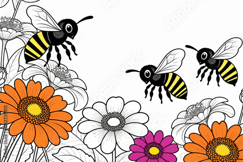 Bees and Flowers Illustration - Cute Cartoon Bees Flying Among Colorful Flowers - Springtime Floral Art for Kids - Nature Inspired Design with Bees