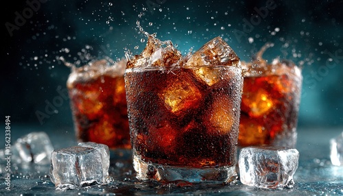 refreshing splash of cola with ice cubes perfect for summer drinks or beverage promotions. High quality