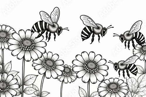 Black and White Bees Flying Around Daisies- Detailed Illustration of Honeybees and Flowers- Perfect for Coloring Pages and Nature Themed Designs