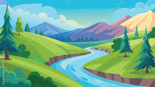 Cartoon River Flowing Through Green Hills with Mountains and Trees Landscape Illustration