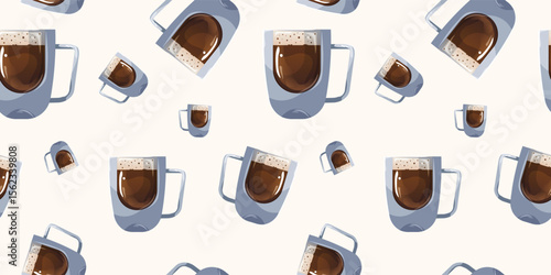 Illustration of a Pattern with Large Foamy Coffee Cups. Vector Coffee-Themed Background.