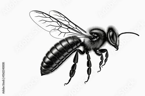 Detailed Black and White Illustration of a Honey Bee-Close Up of Insect Anatomy-Artistic Rendering of a Bee's Structure-Intricate Wing Patterns and Fuzzy Body Depicted