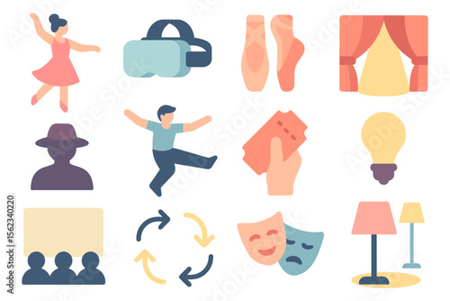 Performing arts and entertainment vector illustration: dance, theater, vr in flat style for design