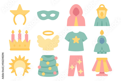 Whimsical costume and accessories vector illustration for festive design
