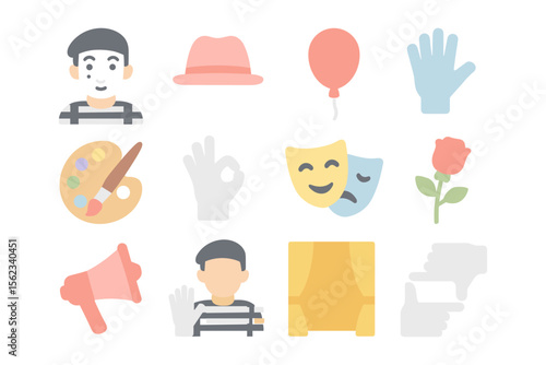 Mime themed vector illustration for creative design: flat style icons of masks, palette, and gestures