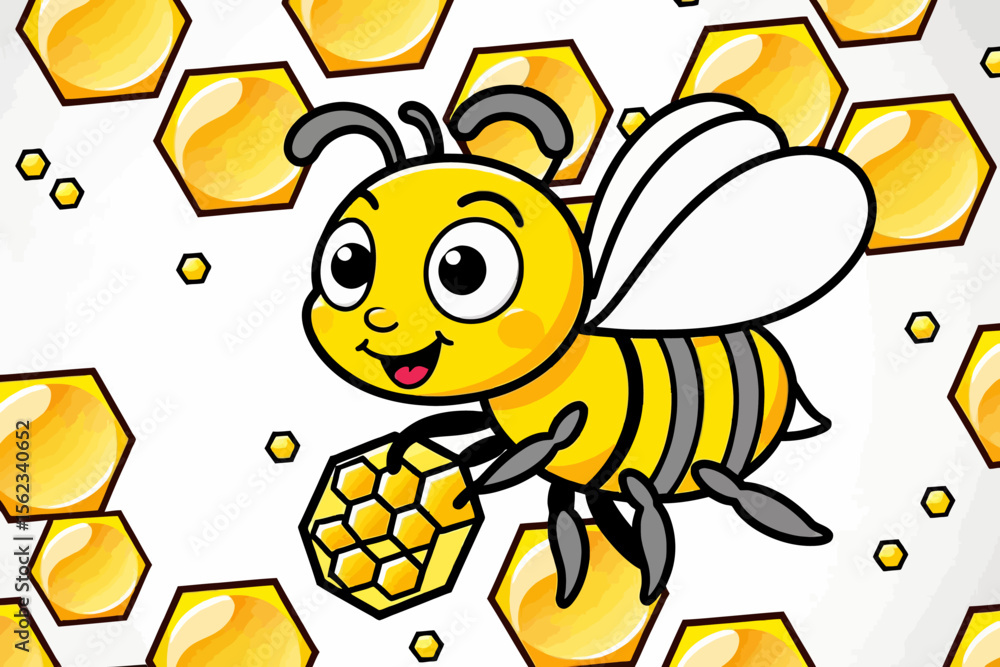 Obraz premium Cute Bee Illustration- Cartoon Bee with Honeycomb- Adorable Bee Character for Kids- Sweet Honey and Beehive Image- Cartoon Honey Bee Artwork- Bee Flying with Honey