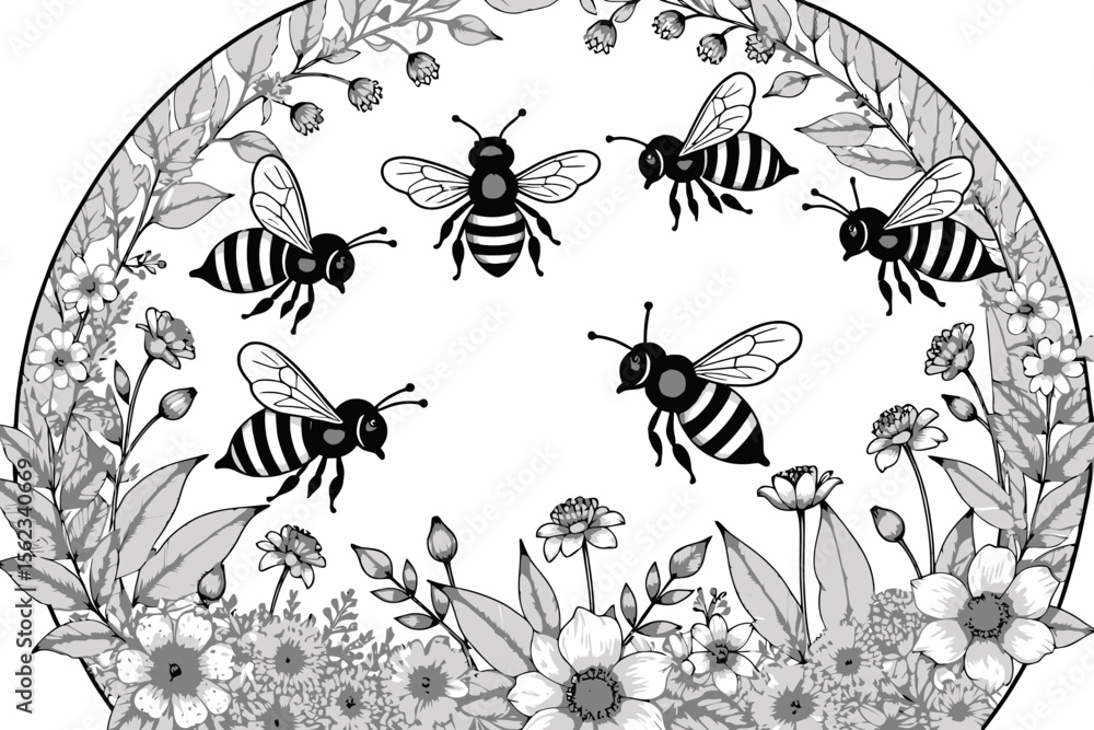 Fototapeta premium Bee and Floral Illustration-Intricate Honeybee Design with Blooming Flowers-Detailed Black and White Artwork-Nature Inspired Coloring Page-Bee Themed Art-Engraving Style