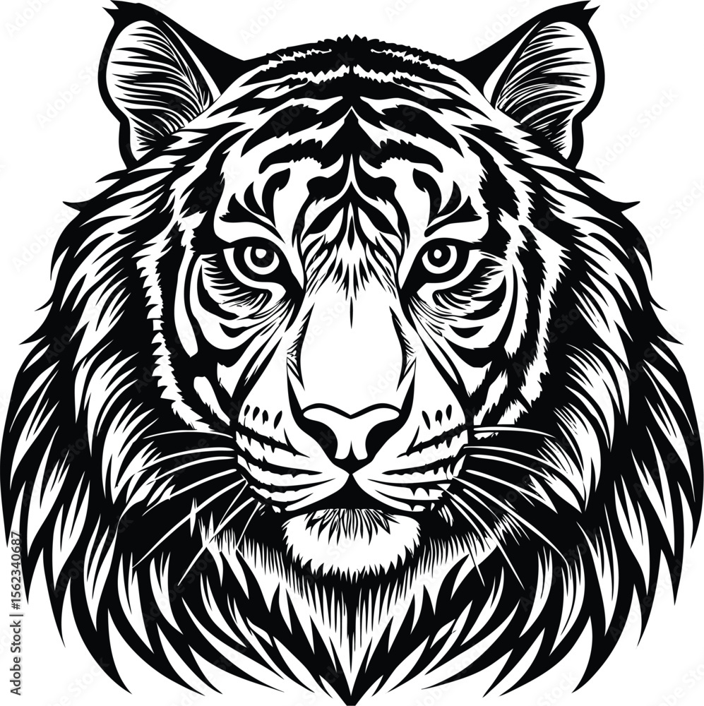 Majestic Tiger Head Vector Illustration, Black and White Stripes, Wild Cat Portrait, Feline Art, EPS Graphic Majestic Tiger Head Vector Illustration, Black and White Stripes, Wild Cat Portrait, Feline Art, EPS Graphic