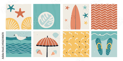 Eight Nautical Themed Summer Illustrations with Seashells Surfboard and Flip-flops