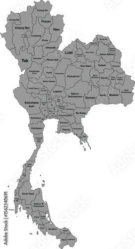 Detailed Map of Thailand with Provinicial States and Borders in Grey Silhouette