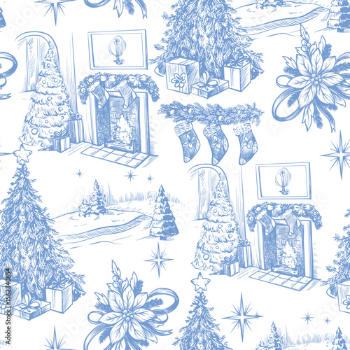 Seamless pattern with Santa, fir trees and other Christmas elements in toile style. Vector.