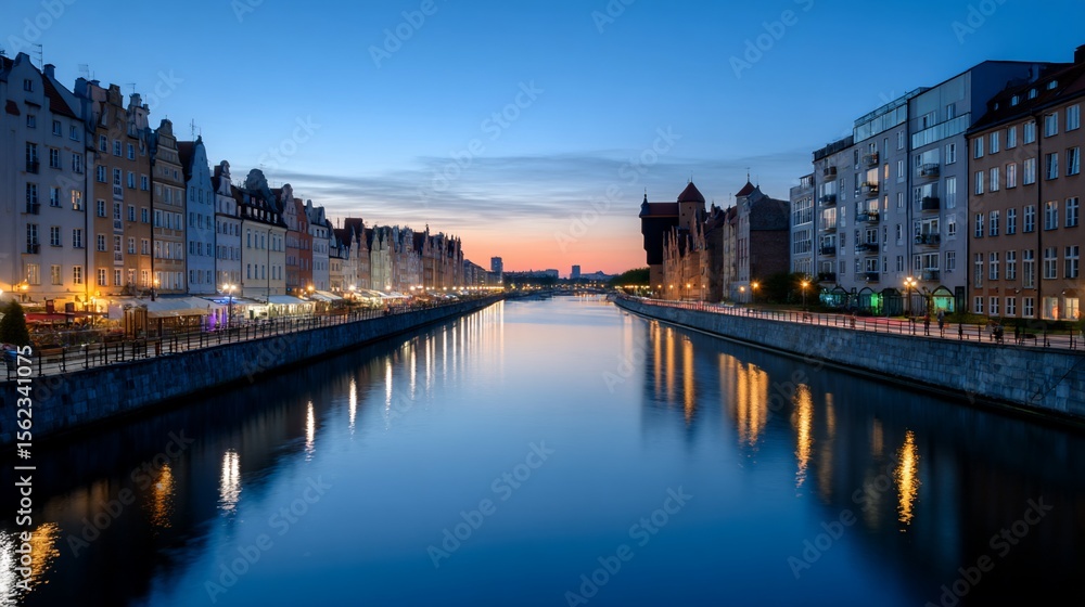 Obraz premium Canal view with buildings and sunset reflection on calm water