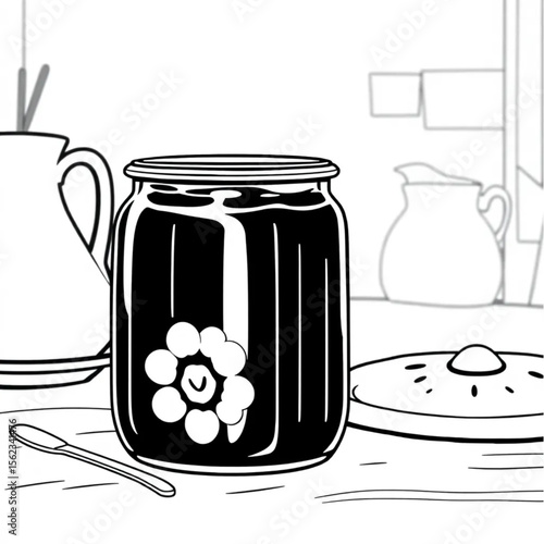 A glass jar of homemade jam on a breakfast table