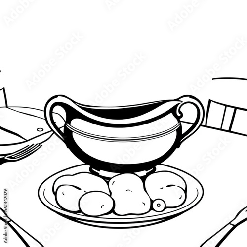A ceramic gravy boat on a roast dinner table