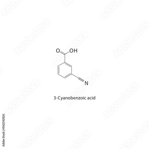 3-Cyanobenzoic acid skeletal structure. Aromatic nitrile acid compound schematic illustration. Simple diagram, chemical formula.