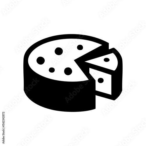 Minimalist black vector icon of a cheese wheel with one wedge cut out, ideal for dairy, food industry, and gourmet branding.

