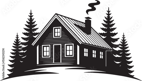 Cozy Cabin Illustration with Trees and Smoke